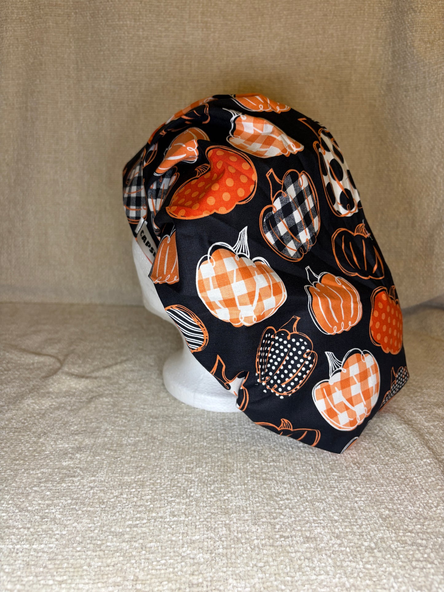 Patchwork Pumpkin Patch Bouffant Scrub Cap | Fall Halloween Print