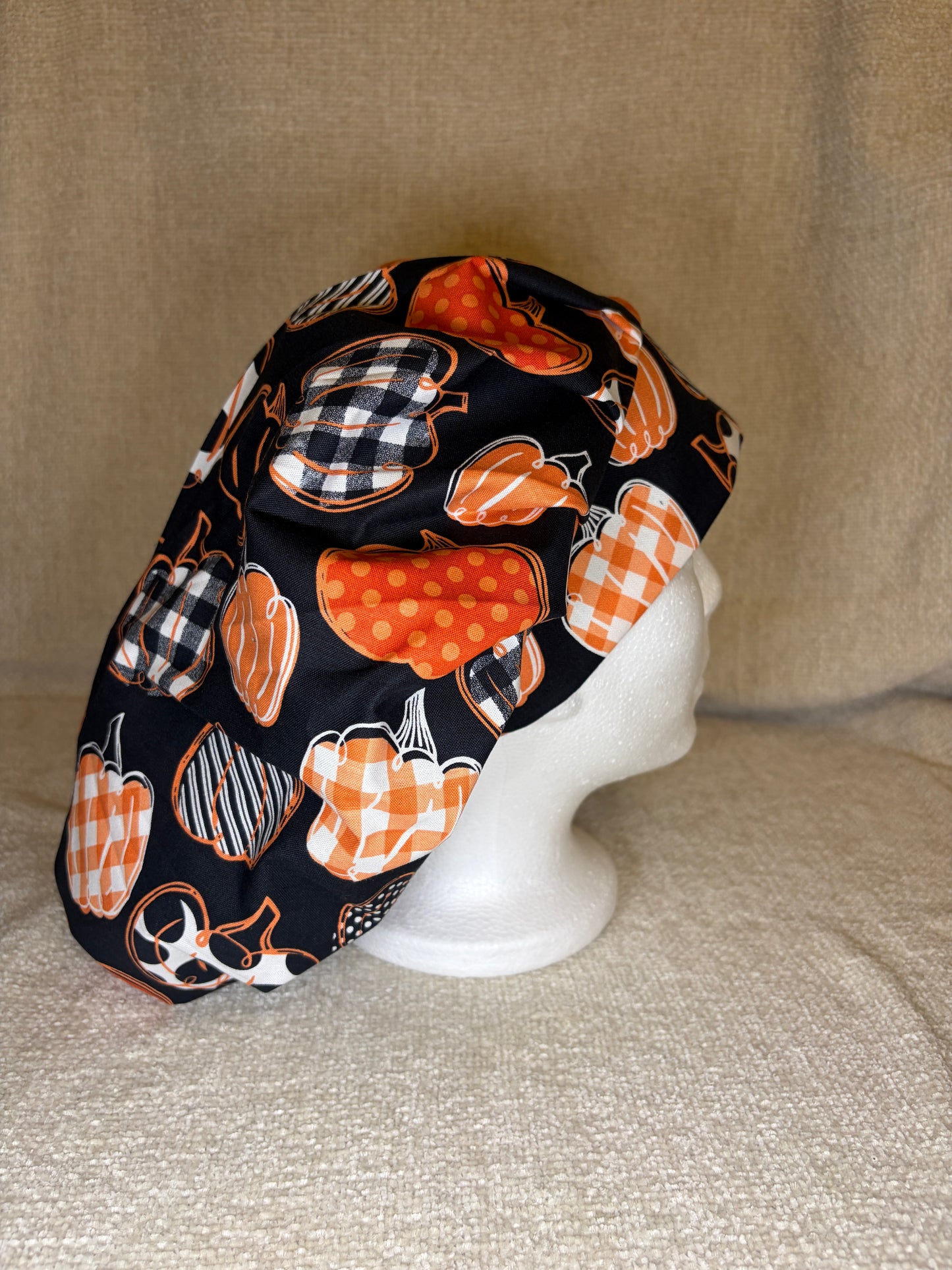 Patchwork Pumpkin Patch Bouffant Scrub Cap | Fall Halloween Print