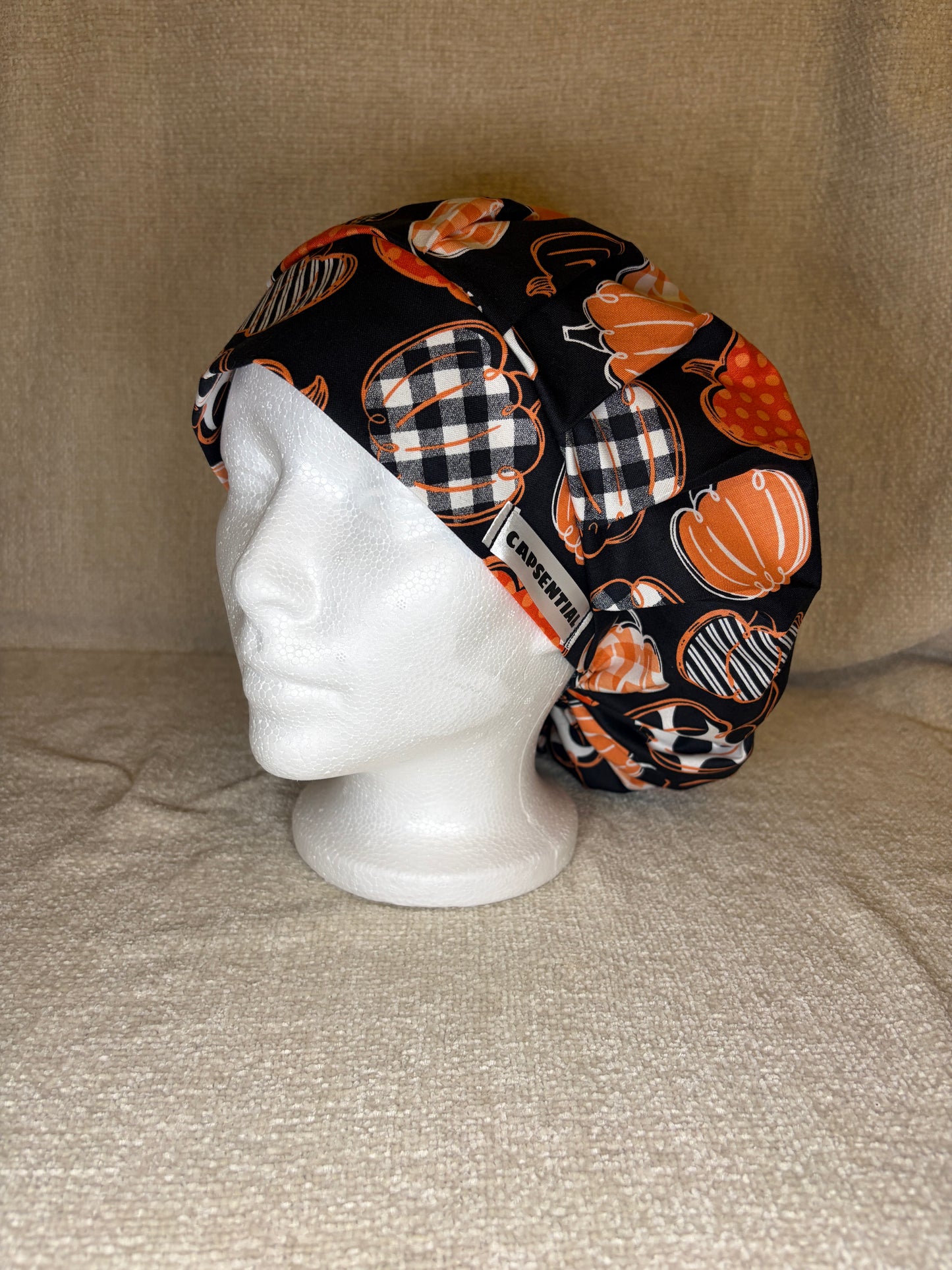 Patchwork Pumpkin Patch Bouffant Scrub Cap | Fall Halloween Print