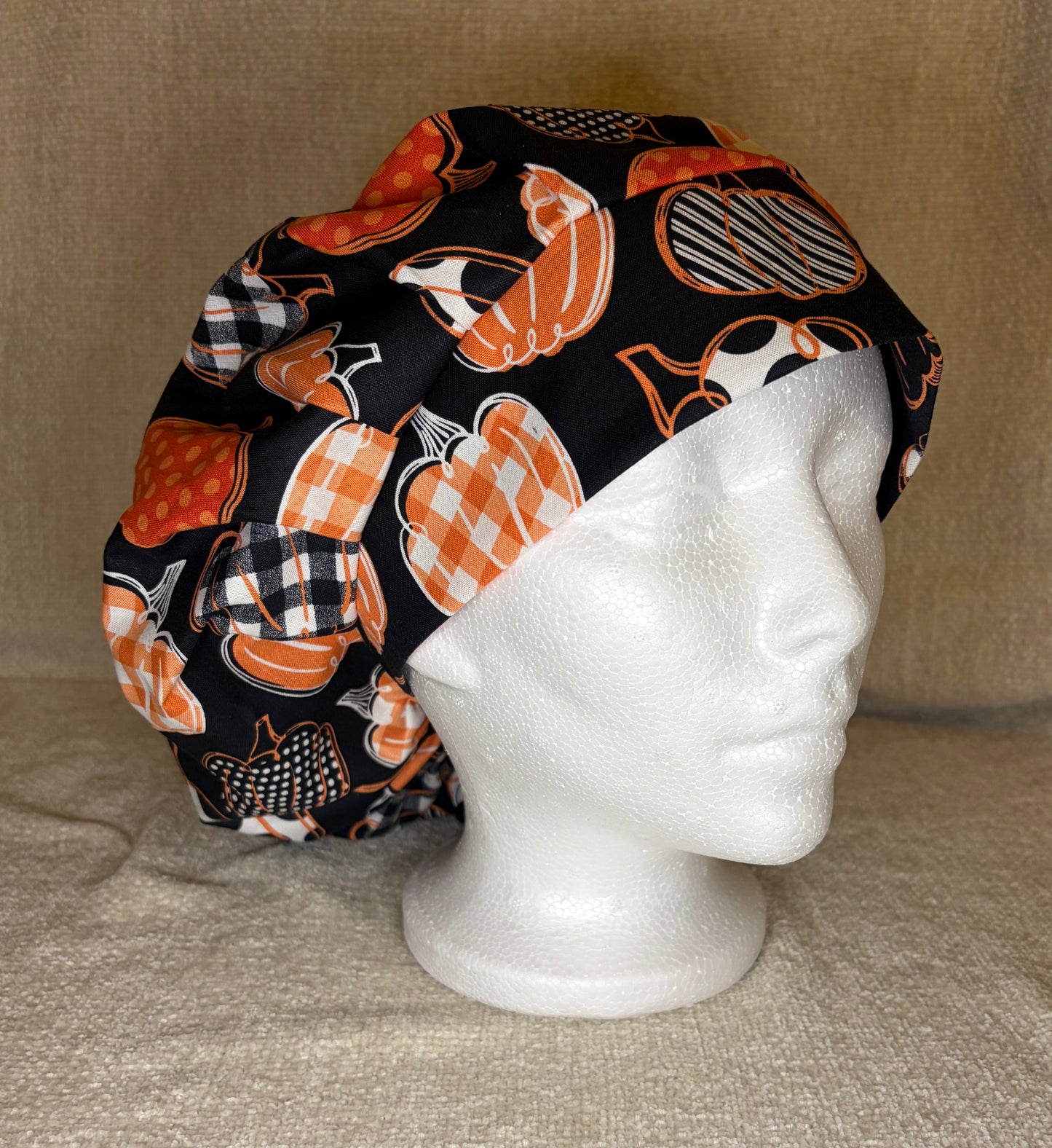 Patchwork Pumpkin Patch Bouffant Scrub Cap | Fall Halloween Print