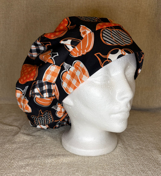 Patchwork Pumpkin Patch Bouffant Scrub Cap | Fall Halloween Print