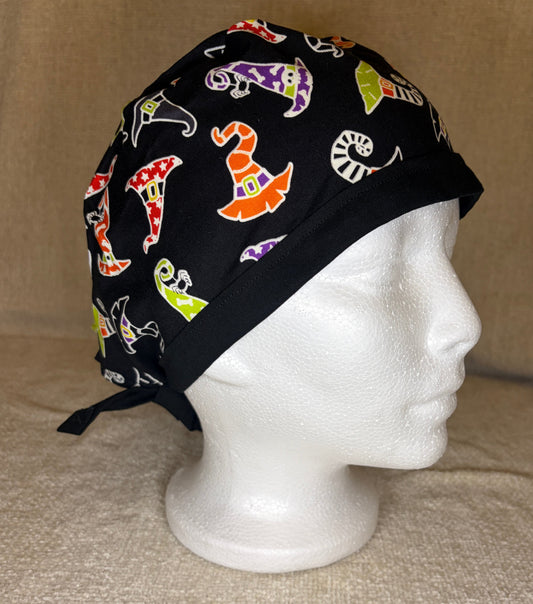Witch Way Tie-Back Scrub Cap | Colorful Witch Hat Halloween Print