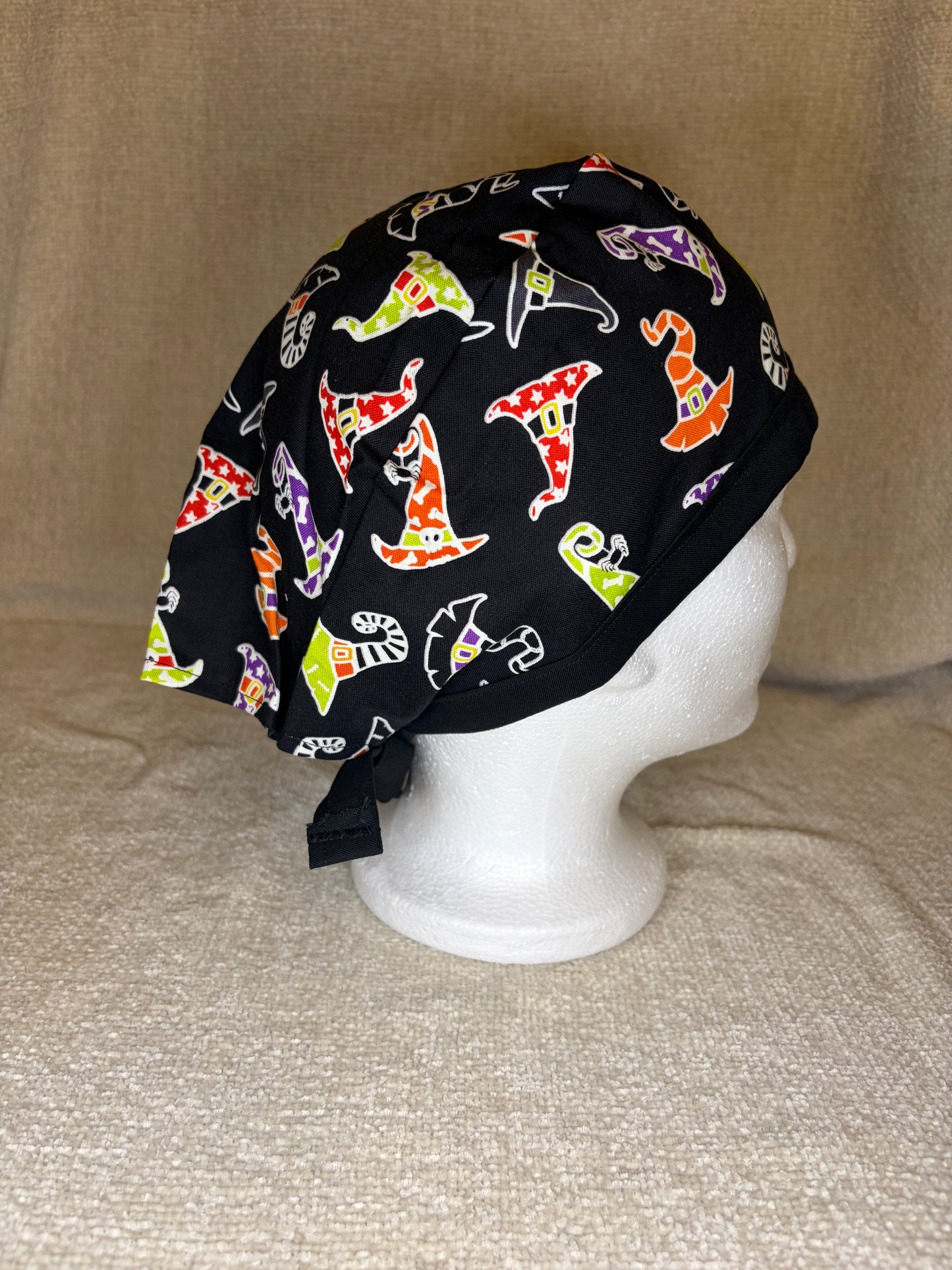Witch Way Tie-Back Scrub Cap | Colorful Witch Hat Halloween Print