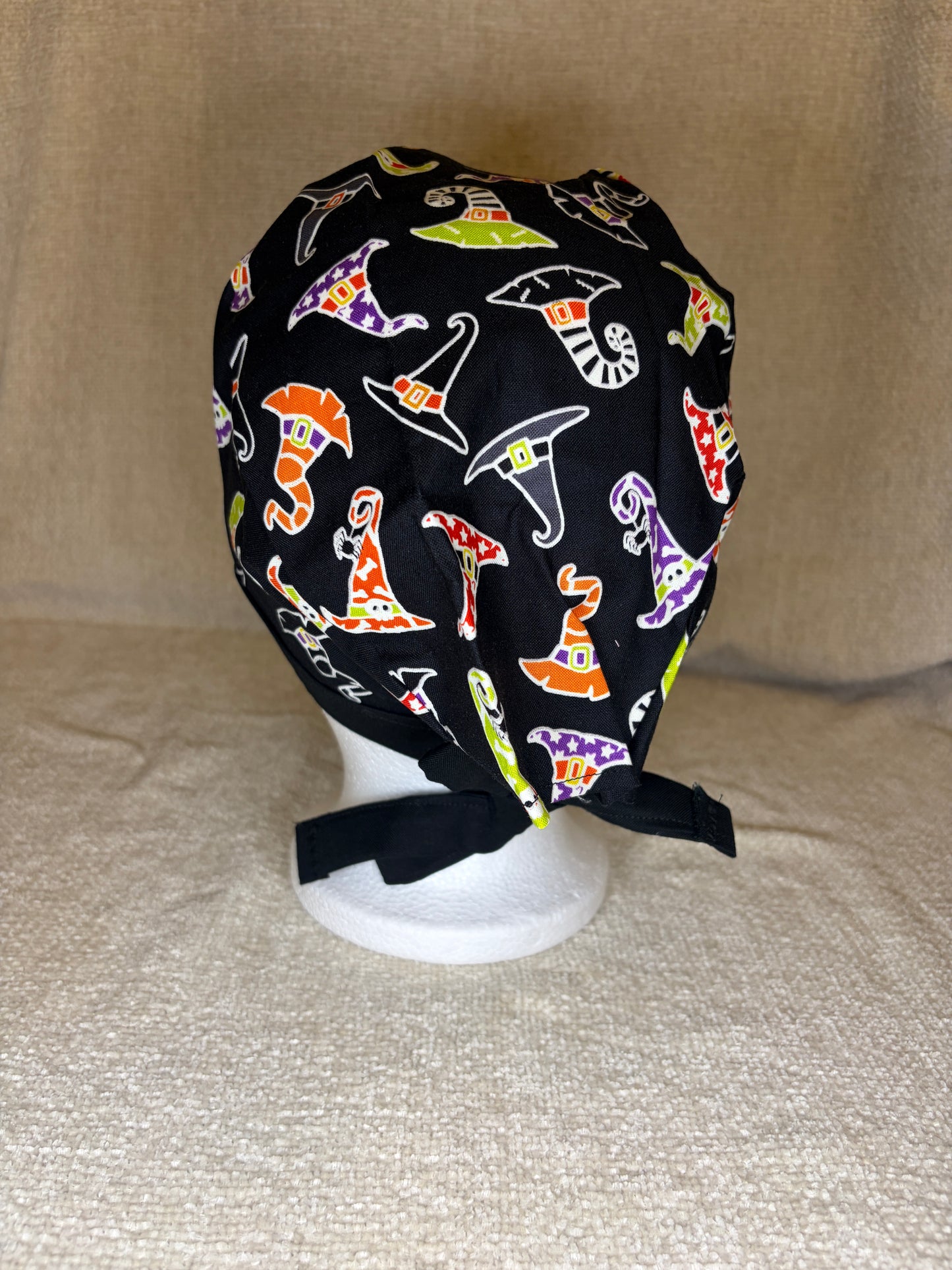 Witch Way Tie-Back Scrub Cap | Colorful Witch Hat Halloween Print