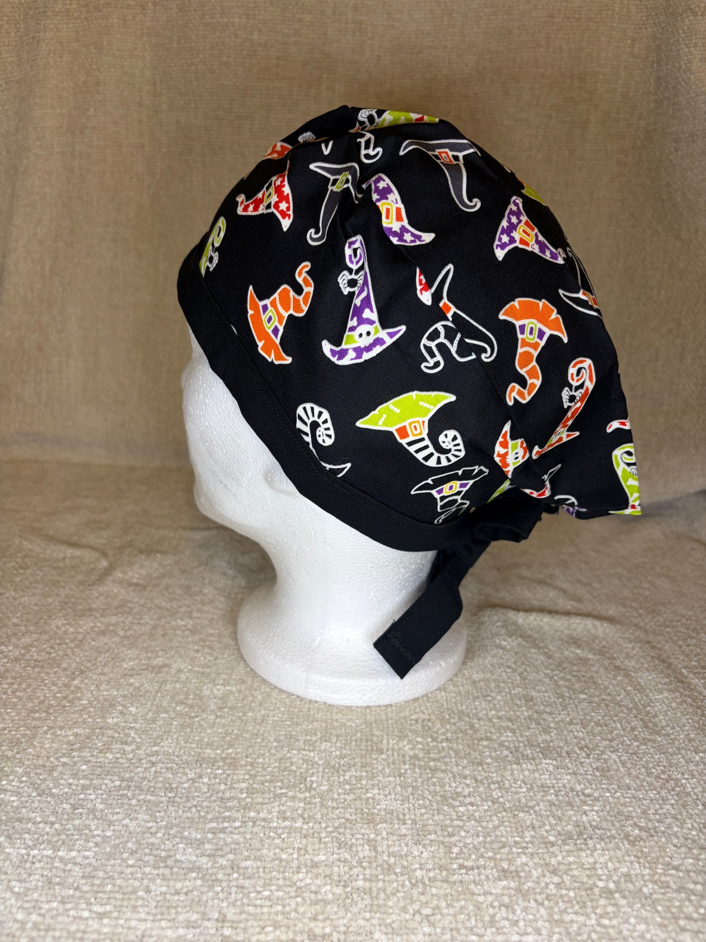 Witch Way Tie-Back Scrub Cap | Colorful Witch Hat Halloween Print