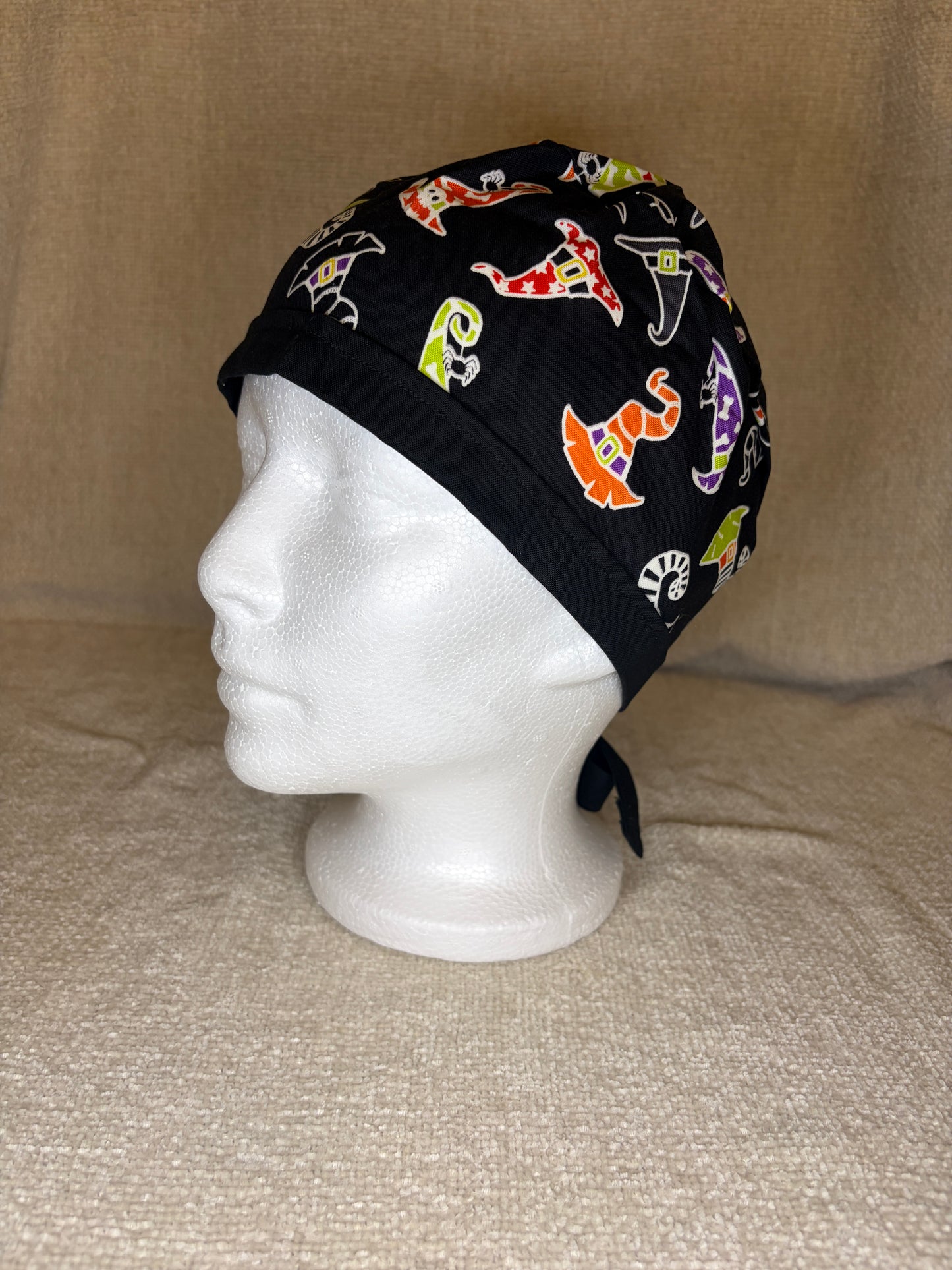 Witch Way Tie-Back Scrub Cap | Colorful Witch Hat Halloween Print