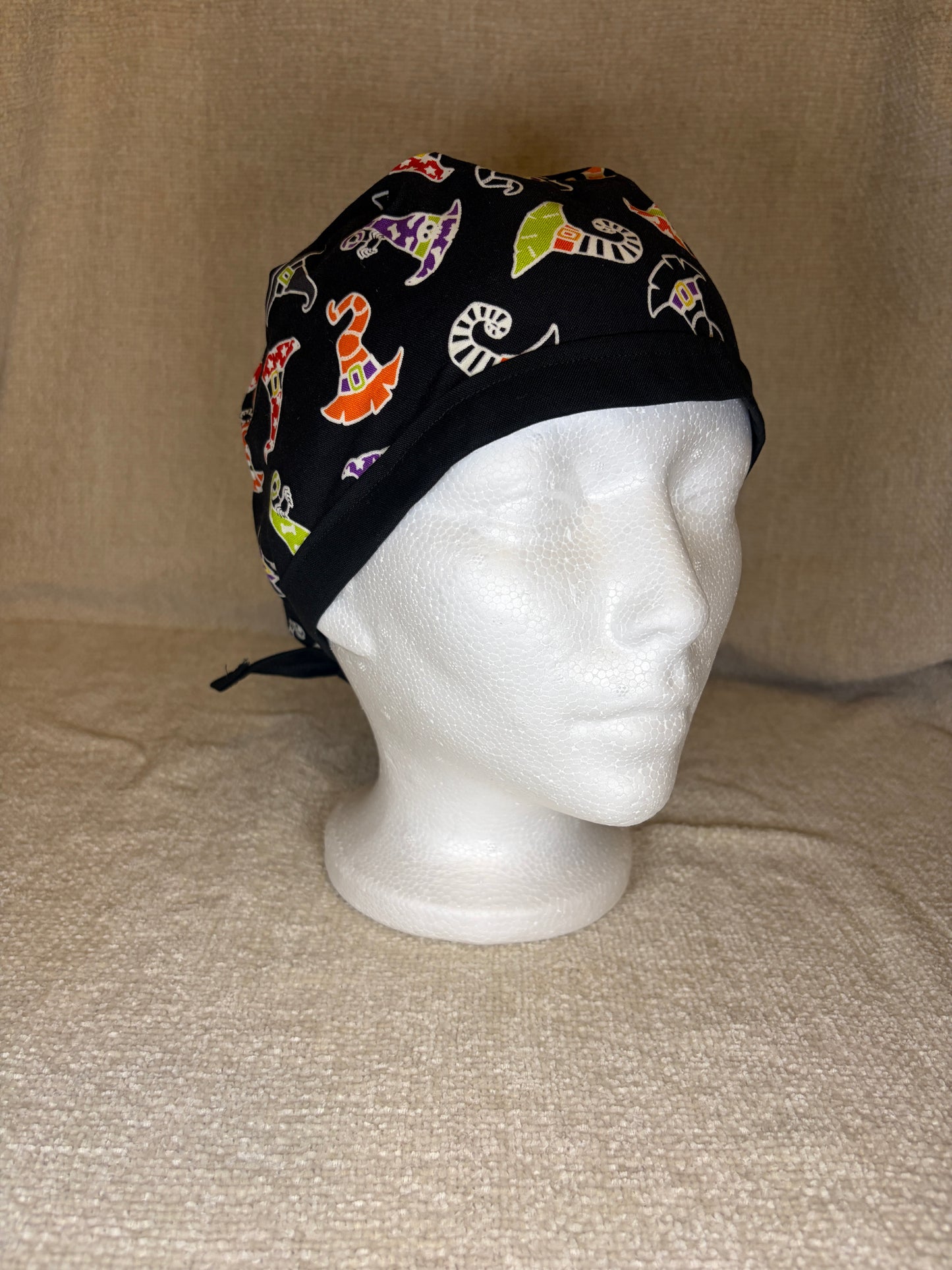 Witch Way Tie-Back Scrub Cap | Colorful Witch Hat Halloween Print