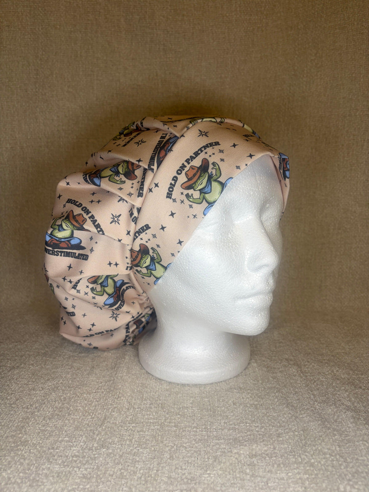 Overstimulated Cowboy Frog Scrub Cap | Funny Western Meme Print | Bouffant Scrub Hat