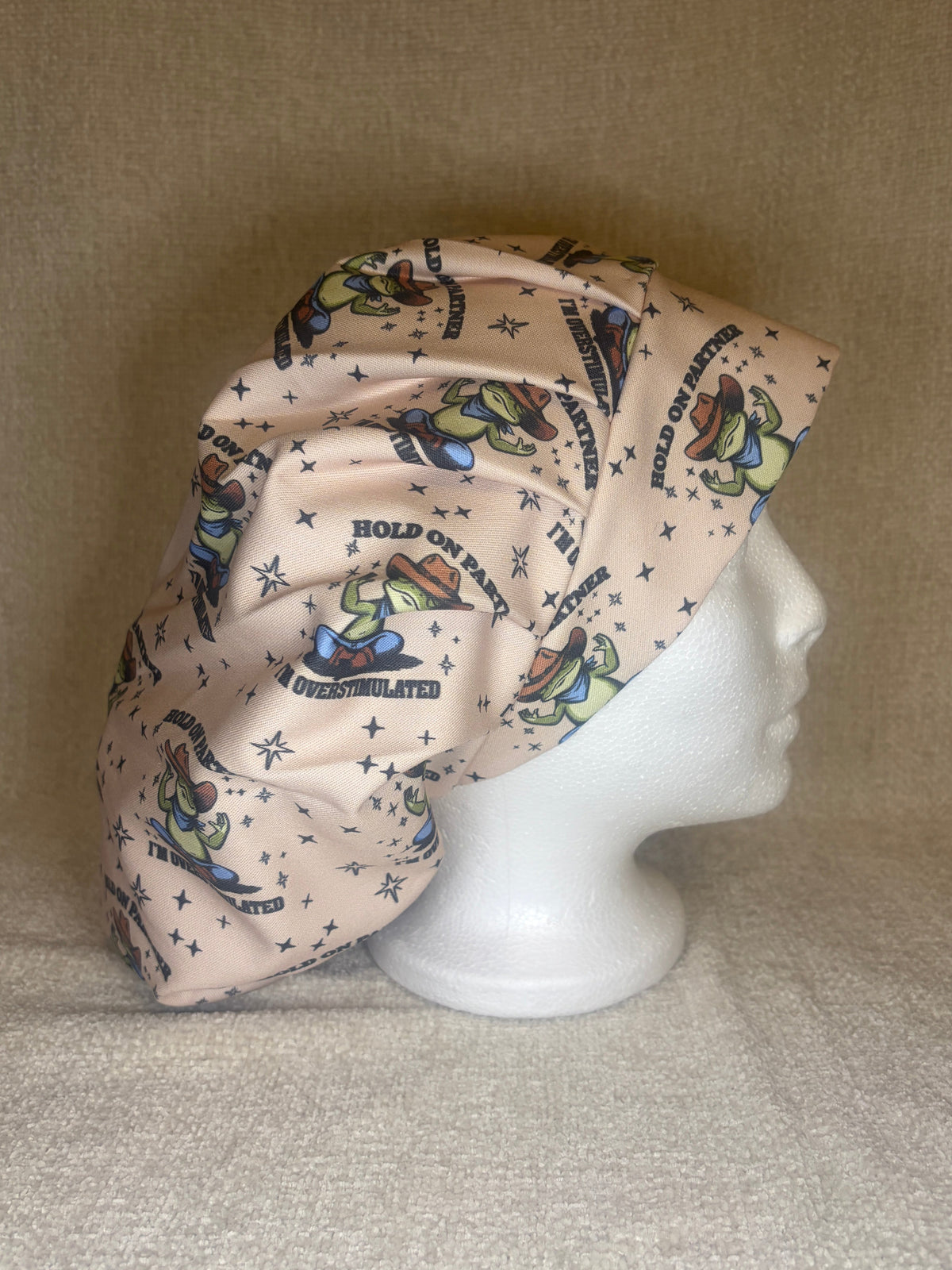 Overstimulated Cowboy Frog Scrub Cap | Funny Western Meme Print | Bouffant Scrub Hat
