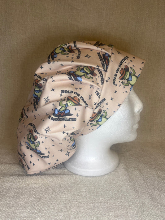 Overstimulated Cowboy Frog Scrub Cap | Funny Western Meme Print | Bouffant Scrub Hat