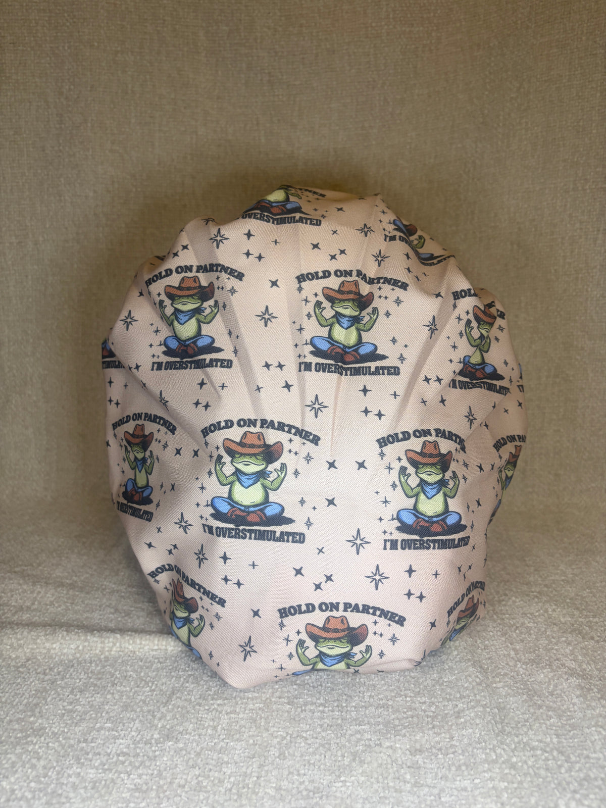 Overstimulated Cowboy Frog Scrub Cap | Funny Western Meme Print | Bouffant Scrub Hat