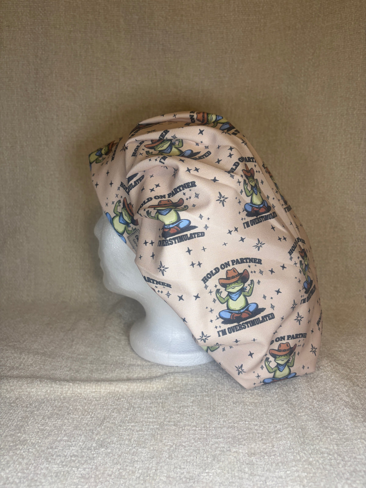 Overstimulated Cowboy Frog Scrub Cap | Funny Western Meme Print | Bouffant Scrub Hat