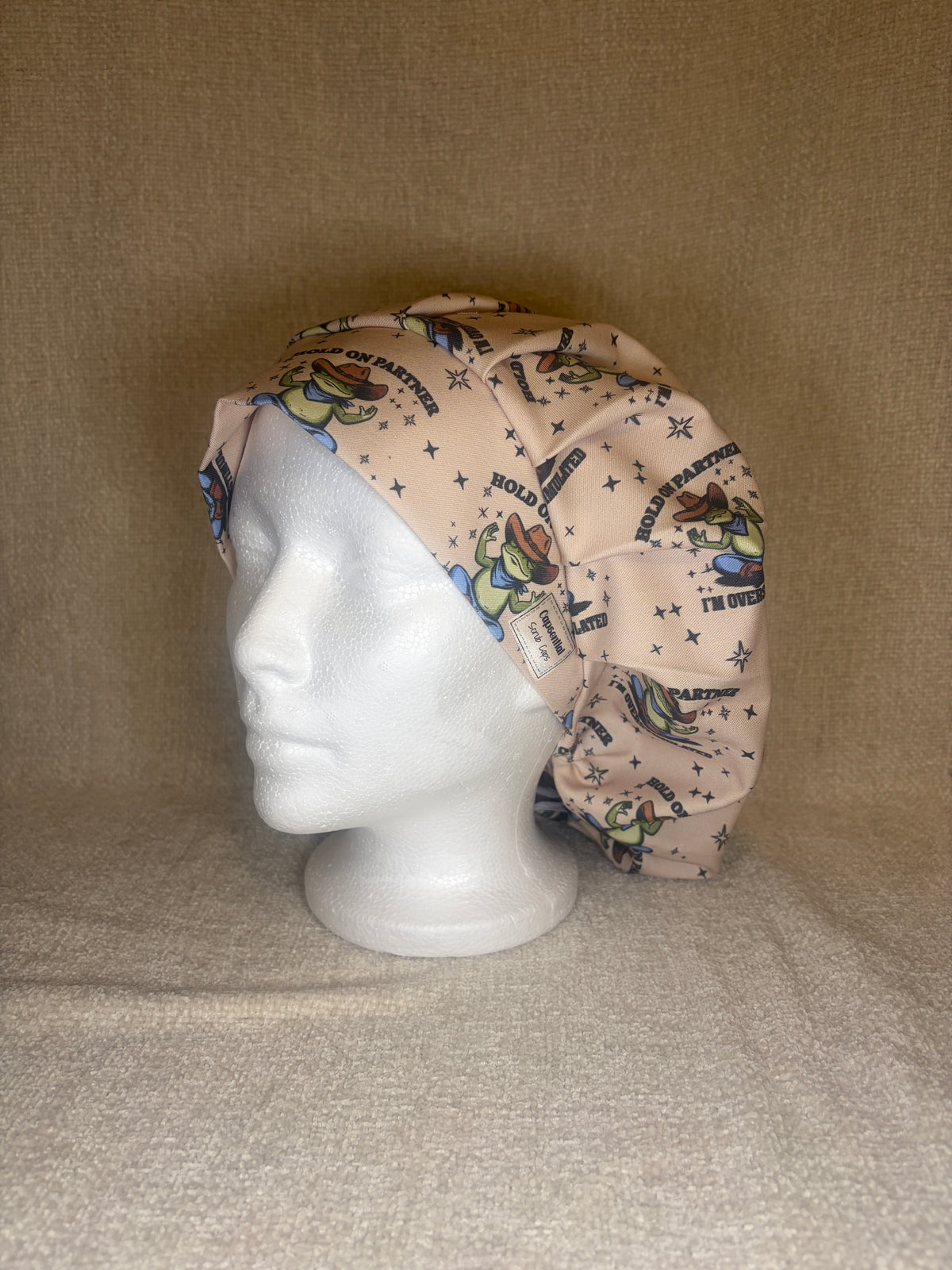 Overstimulated Cowboy Frog Scrub Cap | Funny Western Meme Print | Bouffant Scrub Hat