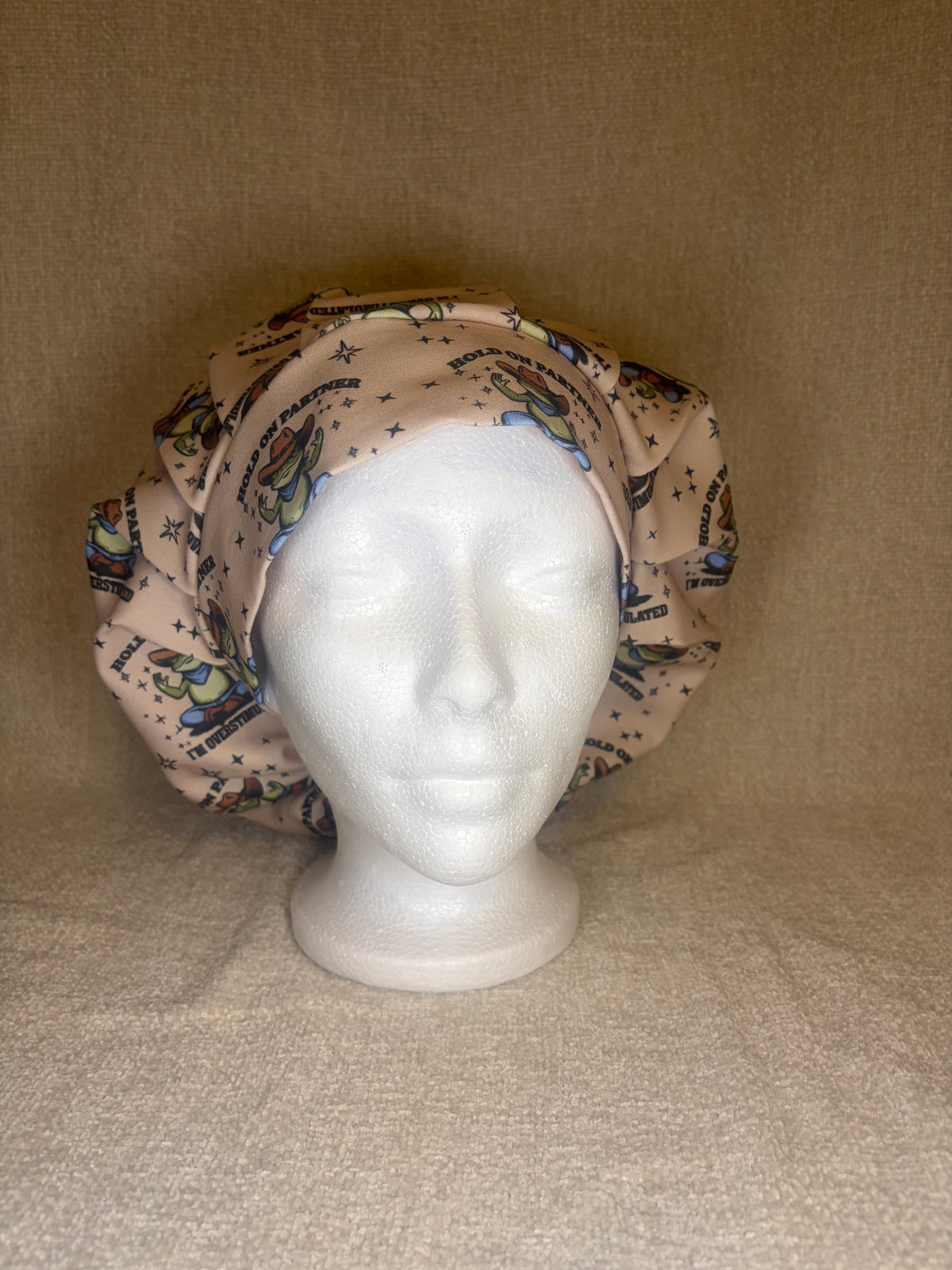Overstimulated Cowboy Frog Scrub Cap | Funny Western Meme Print | Bouffant Scrub Hat
