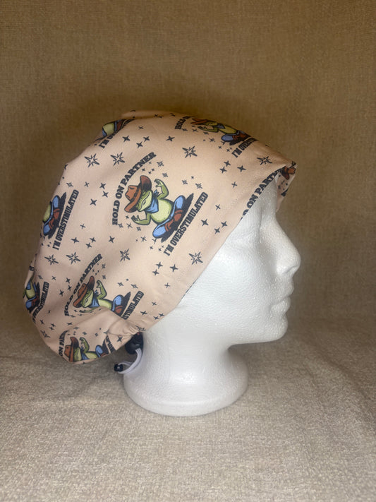 Overstimulated Cowboy Frog Scrub Cap | Funny Western Meme Print | Euro Scrub Hat