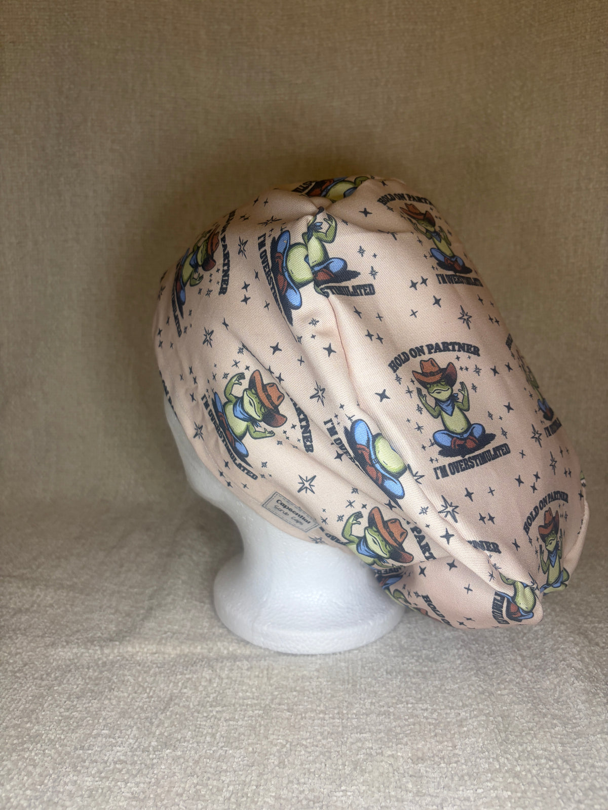 Overstimulated Cowboy Frog Scrub Cap | Funny Western Meme Print | Euro Scrub Hat