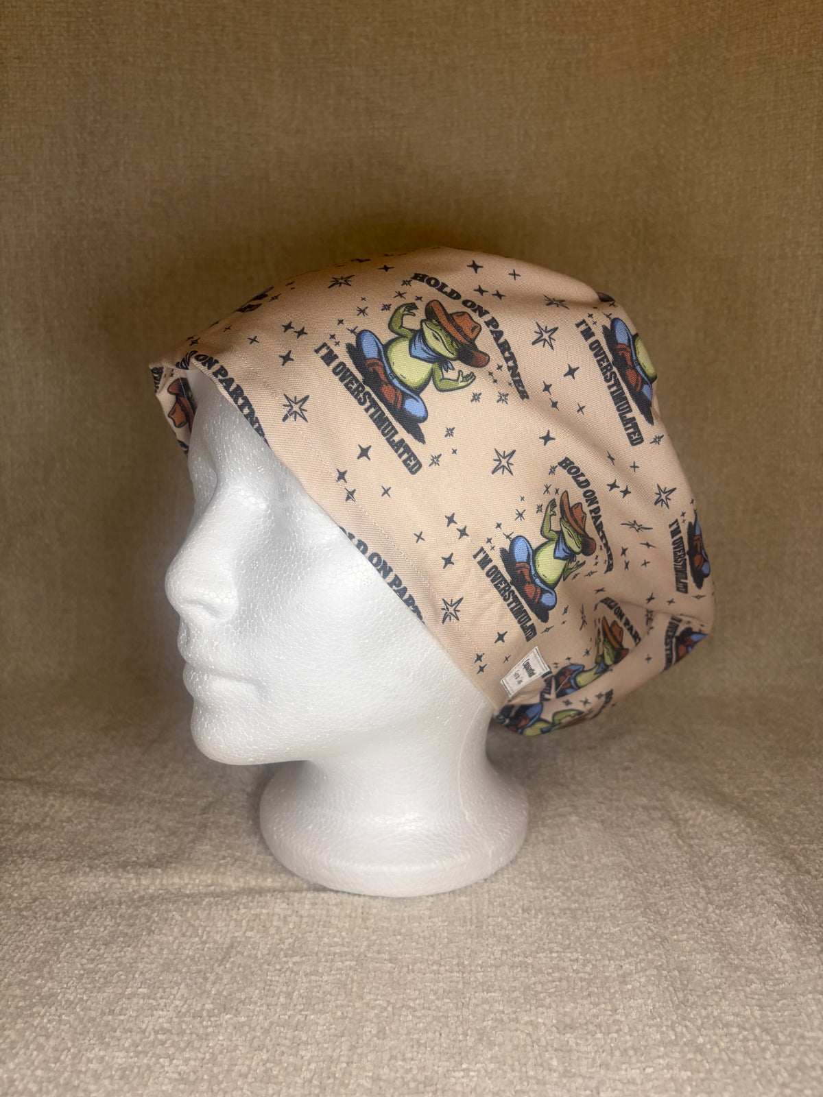 Overstimulated Cowboy Frog Scrub Cap | Funny Western Meme Print | Euro Scrub Hat