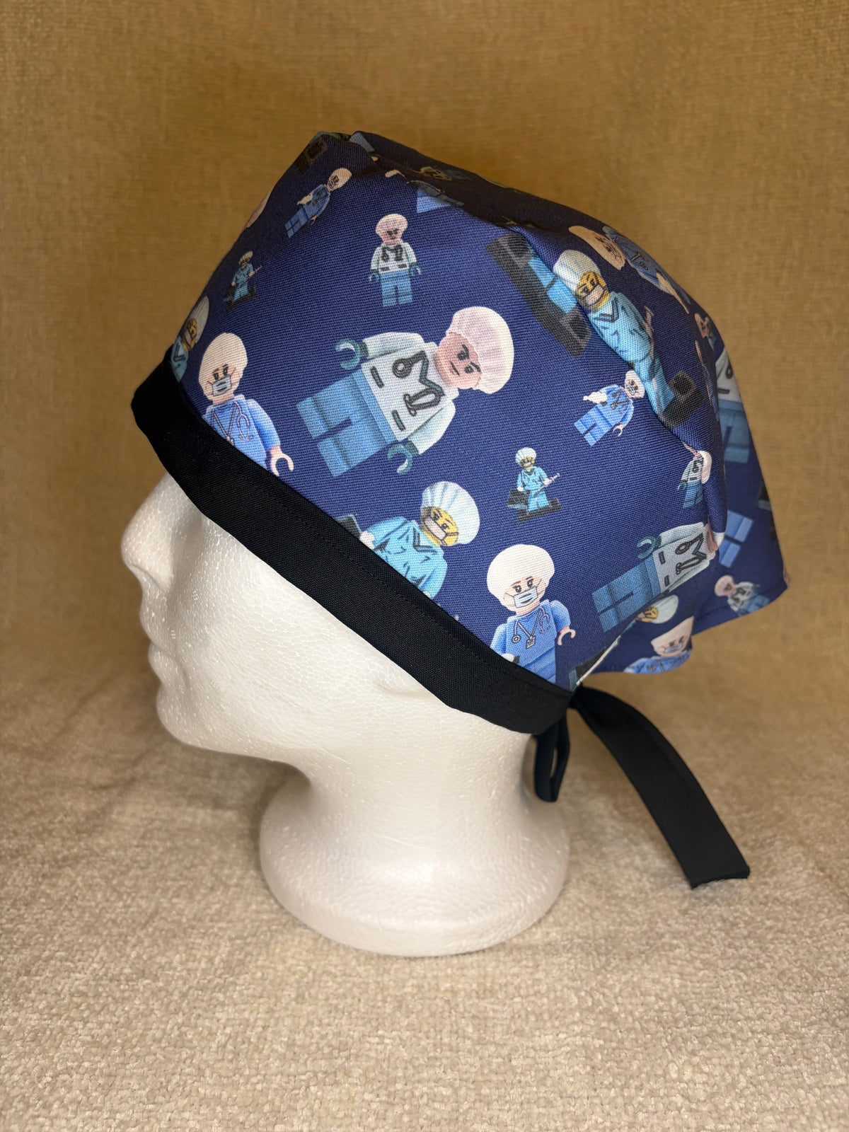 Lego Surgeon Scrub Cap | Navy Building Block Minifigure Print | Tie-Back Scrub Hat