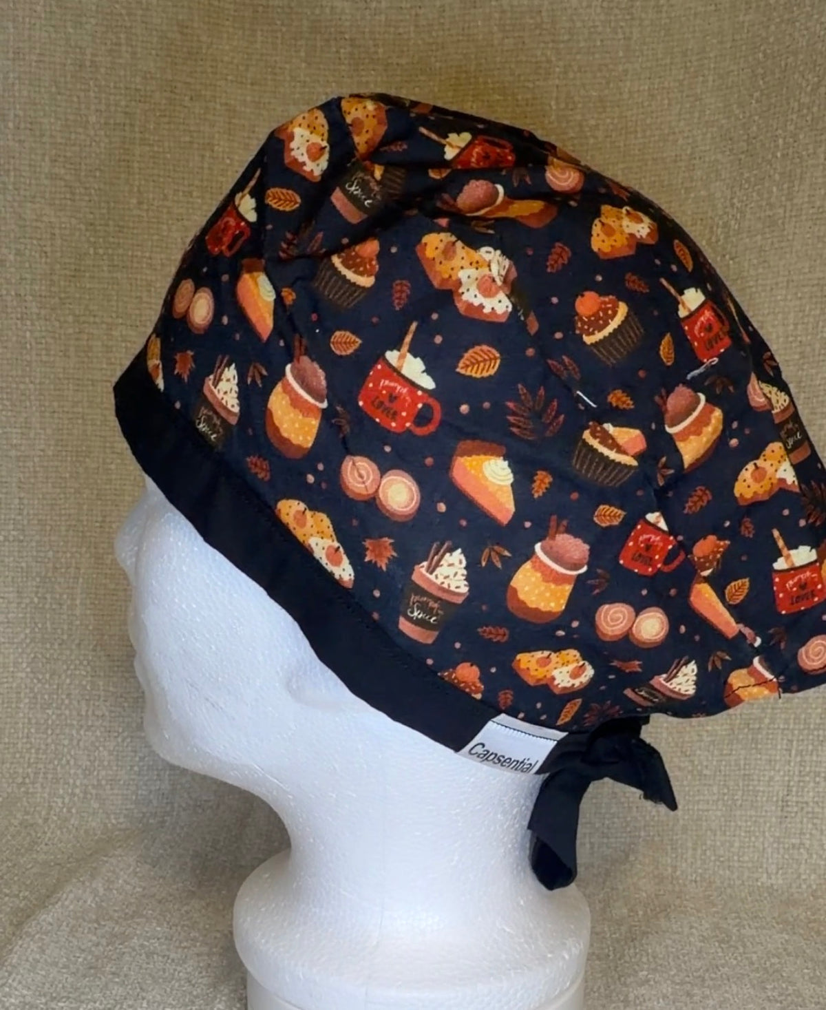 Pumpkin Spice Latte Print Scrub Cap | Tie-Back Style | Capsential